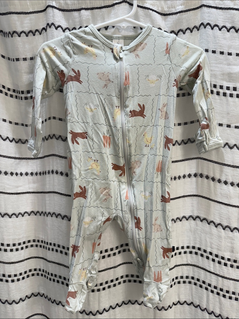 Bamboo Pale Green Bunny & Chick Zip Footed One-Piece